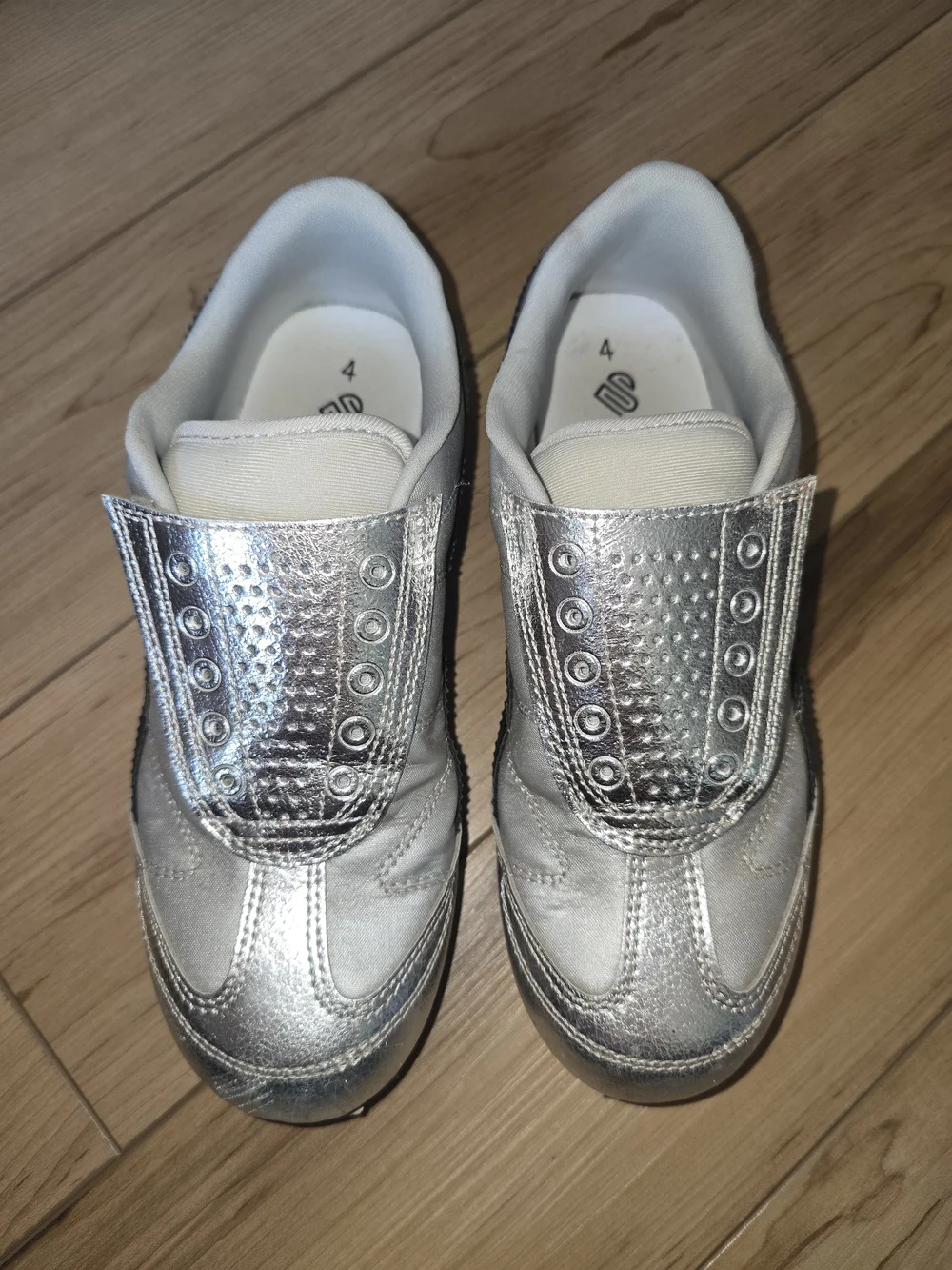 Silver Metallic Slip-On Girls Sneakers with Black Accent